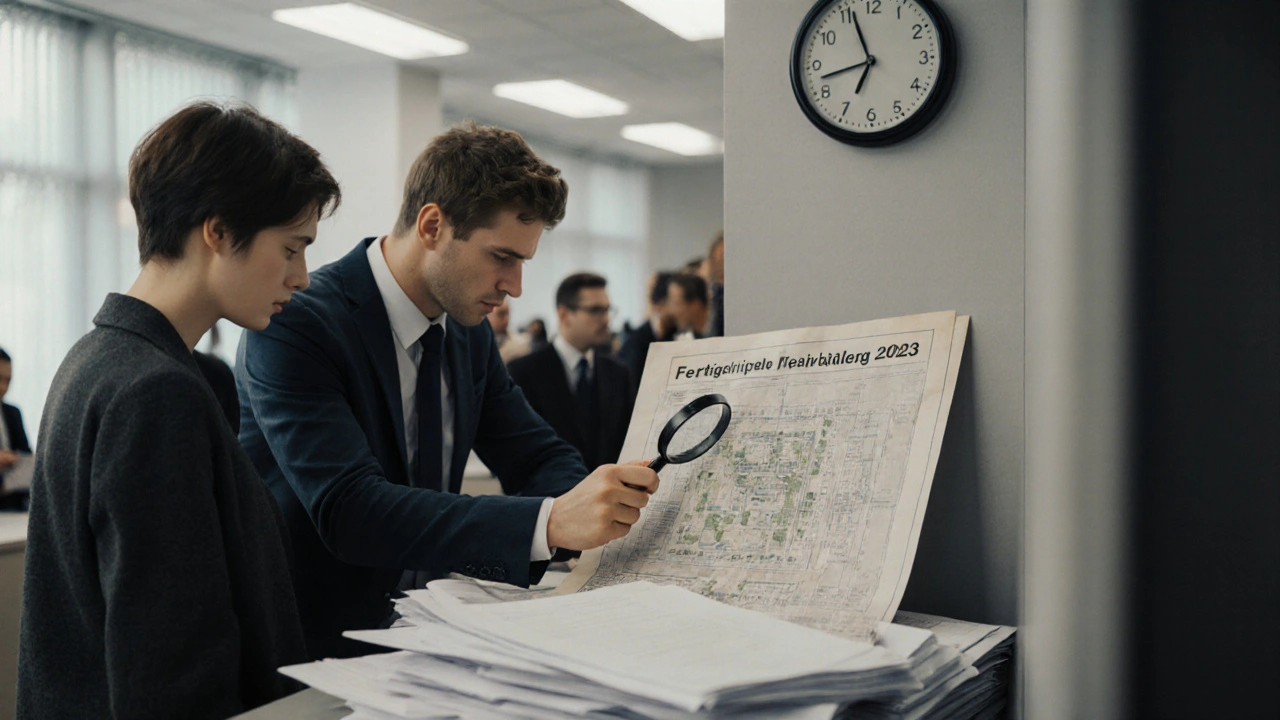 Paar prüft in einem Rathaus einen Bauplan mit einem Lupe, Uhr zeigt Zeitdruck bei der Fertigstellungsprüfung.