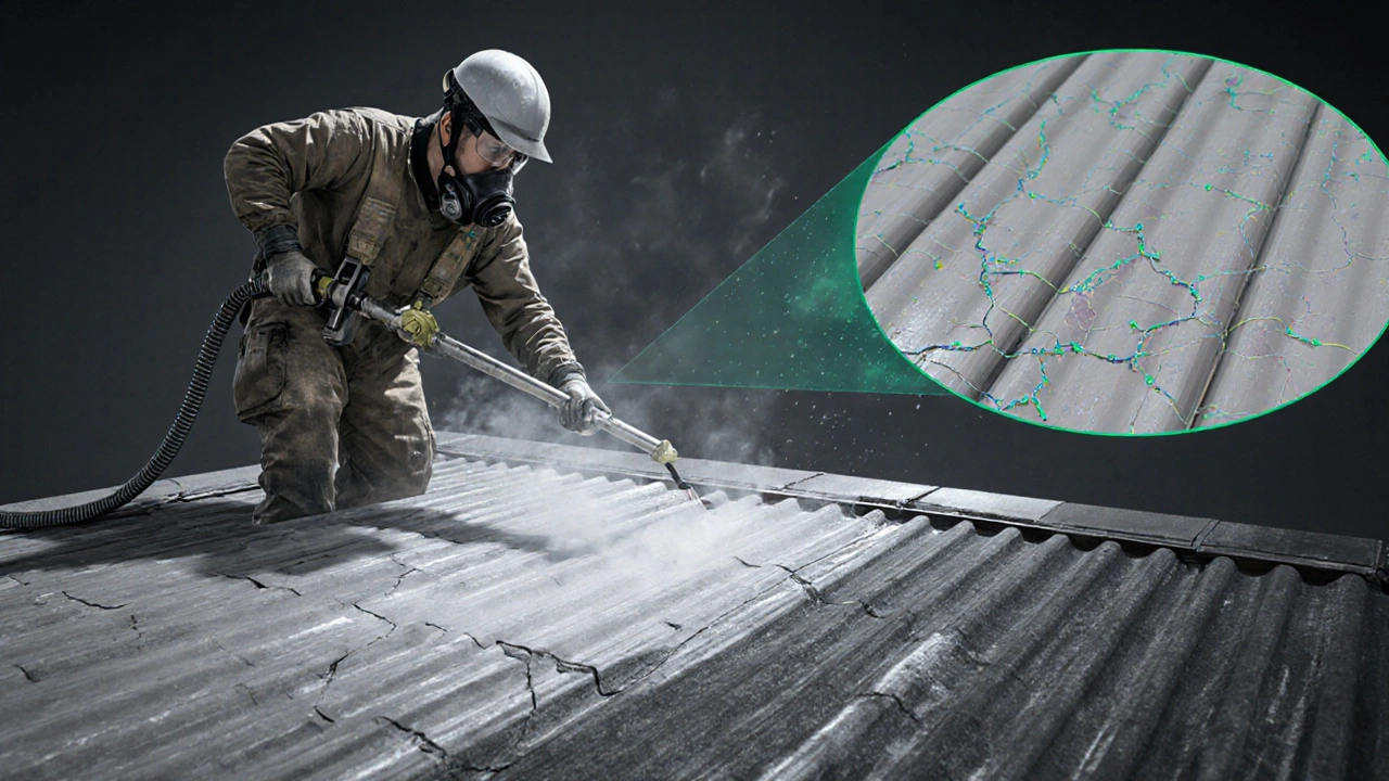 Professionell aufgetragene Silikonbeschichtung auf einem Flachdach mit Schutzkleidung und elastischer Materialstruktur.