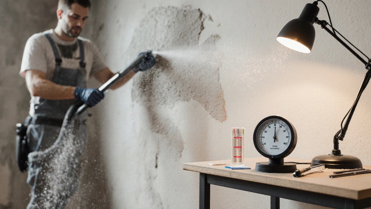 Professionelle Entsalzung einer Wand mit Nasssauger und Feuchtigkeitsmesser im Hintergrund.