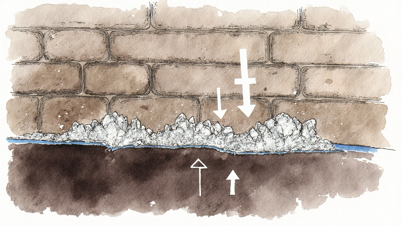 Querschnitt einer Kellerwand mit aufsteigender Feuchtigkeit und Salpeterablagerung in der Höhe.