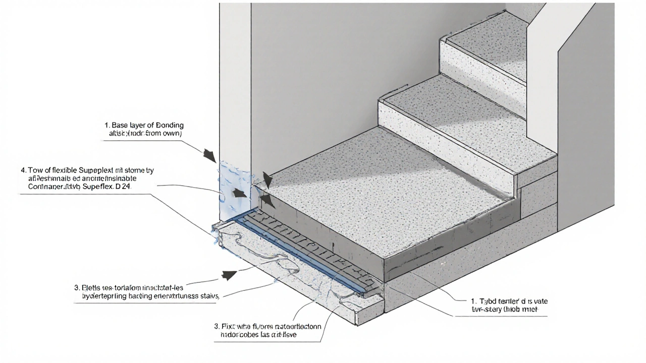 Querschnitt einer professionellen Abdichtung mit drei Schichten: Haftschlämme, zwei kreuzweise aufgetragene Dichtschichten und flexible Anschlussdichtung.