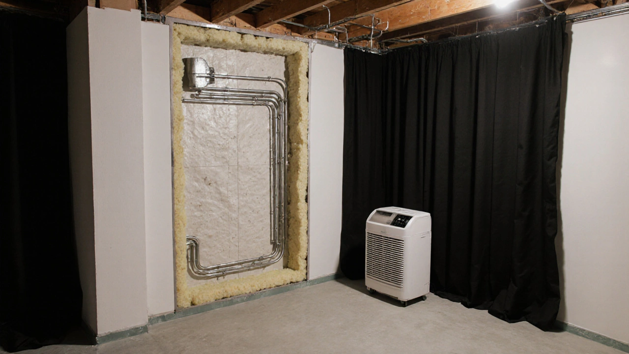 Querschnitt eines Kellerwalls mit Dampfsperre, Dämmung und versteckter Wandheizung, ohne Feuchtigkeitsschäden.