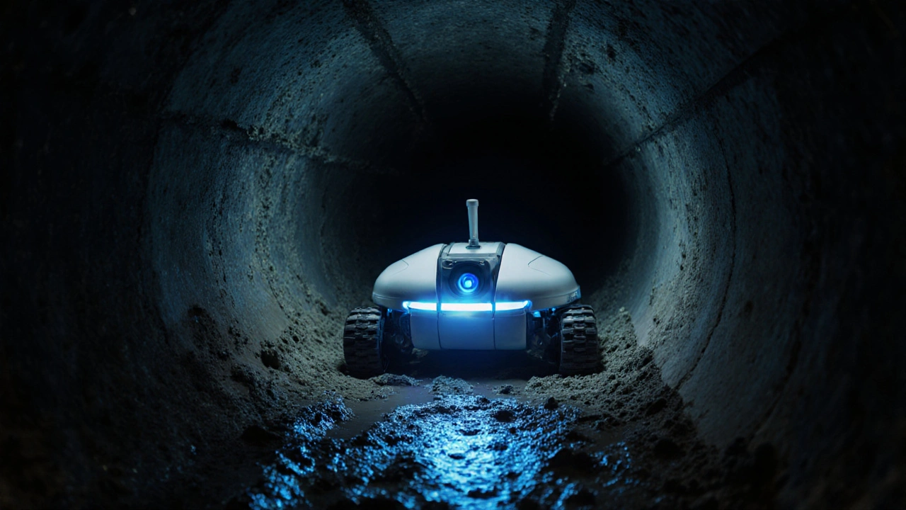 Roboter mit Kamera und Düse bereinigt eine Rohrleitung mit künstlicher Intelligenz.