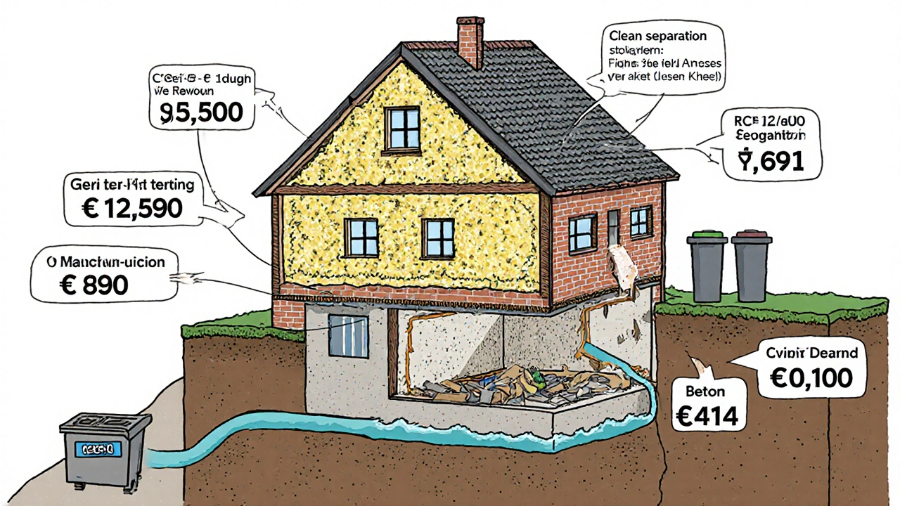 Schnittbild eines alten Hauses mit versteckten Schadstoffen und dazugehörigen Kosten für Entsorgung und Fundamententfernung.