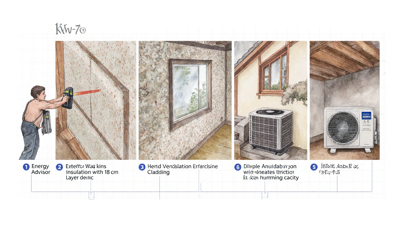 Schritt-für-Schritt-Diagramm einer KfW-70-Sanierung mit Dämmung, Fenstern und Lüftung.