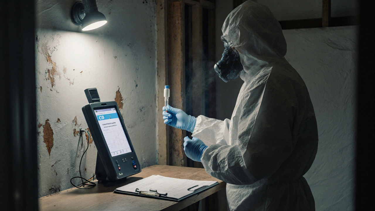 Spezialist in Schutzanzug misst die Luftqualität nach Asbestsanierung, digitales Messgerät zeigt gefährliche Werte an.