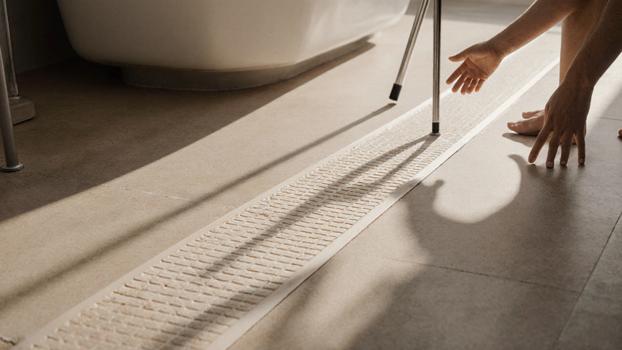 Taktile Leitstreifen mit Rippen führen zur Badewanne, Keramikmaterial mit sanftem Lichtschatten, ohne Personen.