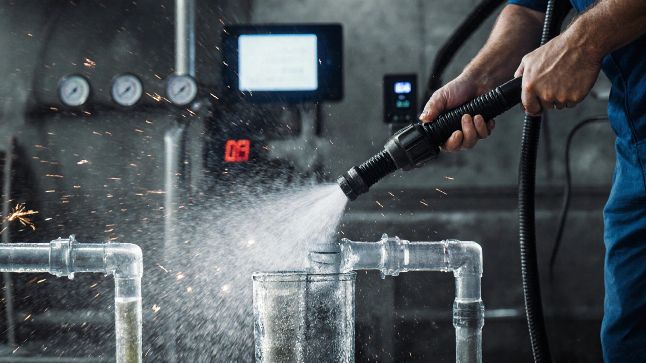 Techniker bedient einen Hochdruckreiniger, der Fett und Kalk aus einem Rohr spült.