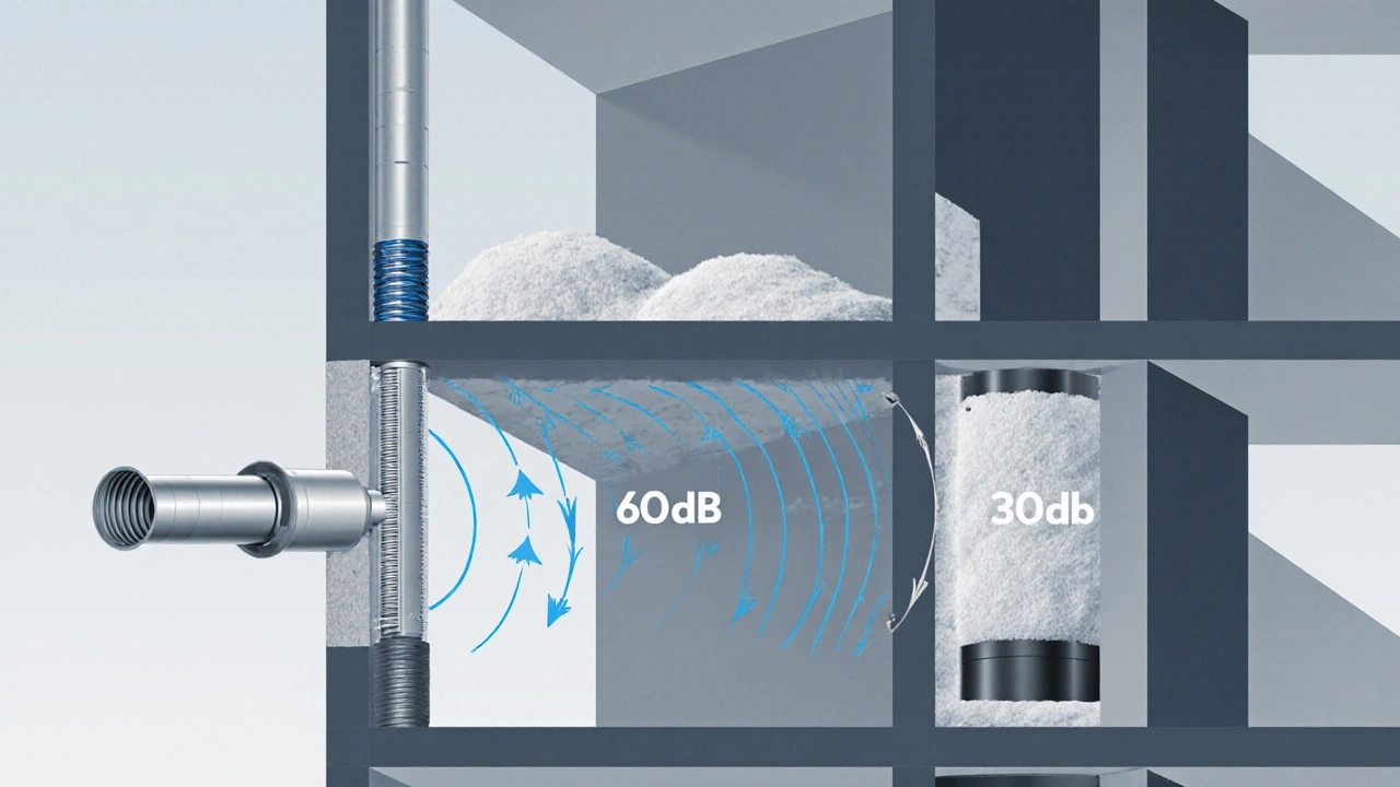 Technische Schnittansicht: Vergleich eines lärmenden Standardrohrs mit einem schalldämmenden System und elastischer Aufhängung in Betondecke.