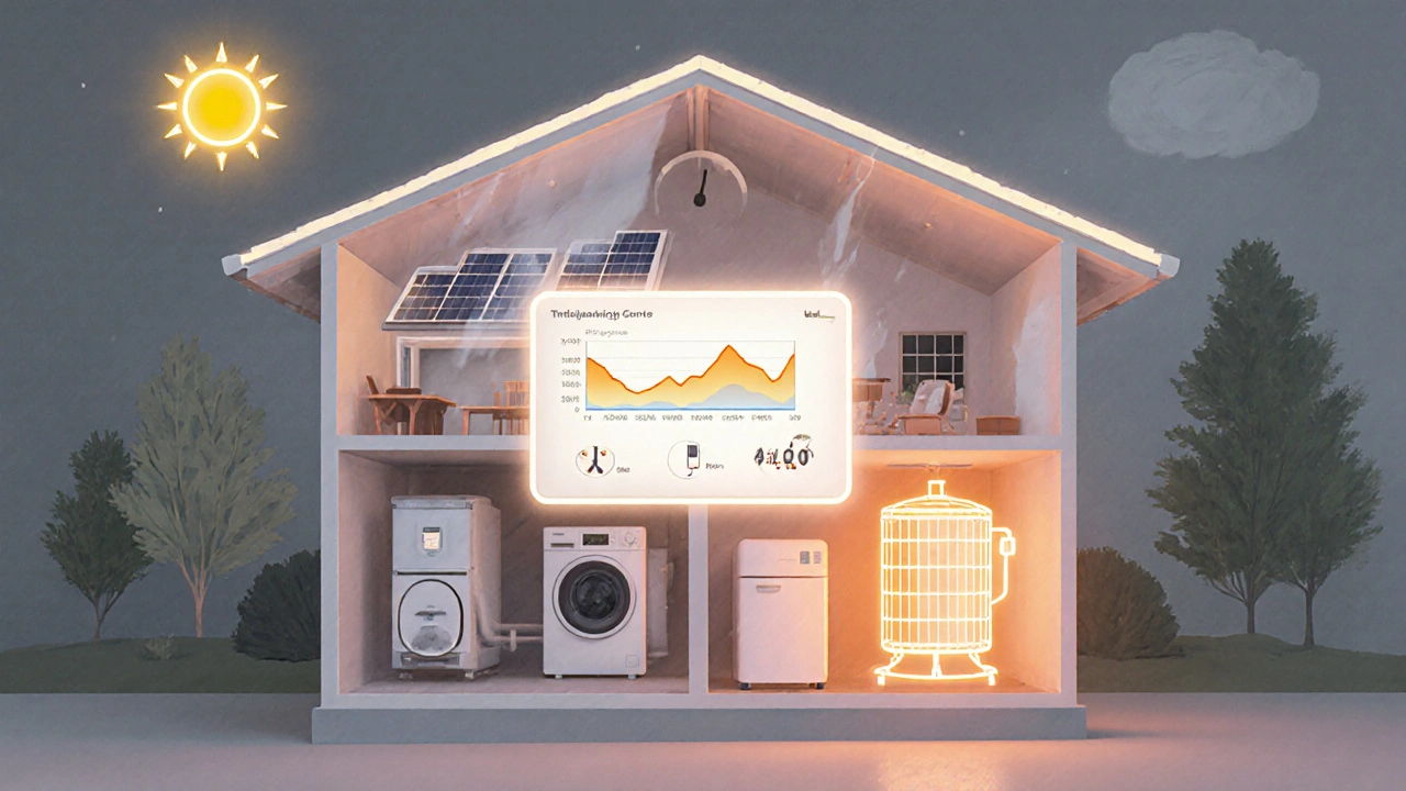 Transparenzansicht eines Hauses mit Energiemanagementsystem, das Solarstrom und Wärmespeicherung visualisiert.