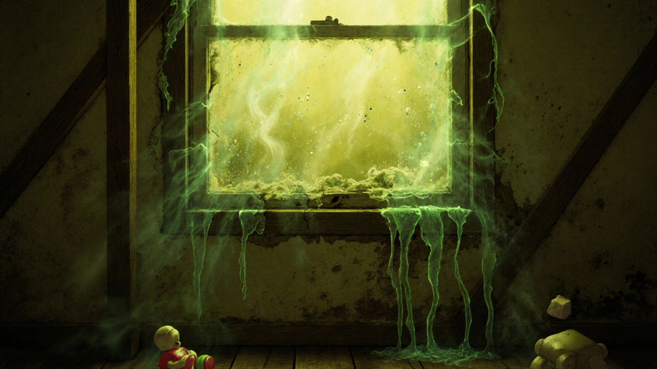 Unsichtbare giftige Dämpfe steigen aus alten Dichtmassen auf und kontaminieren neue Baumaterialien in einer renovierten Wand.