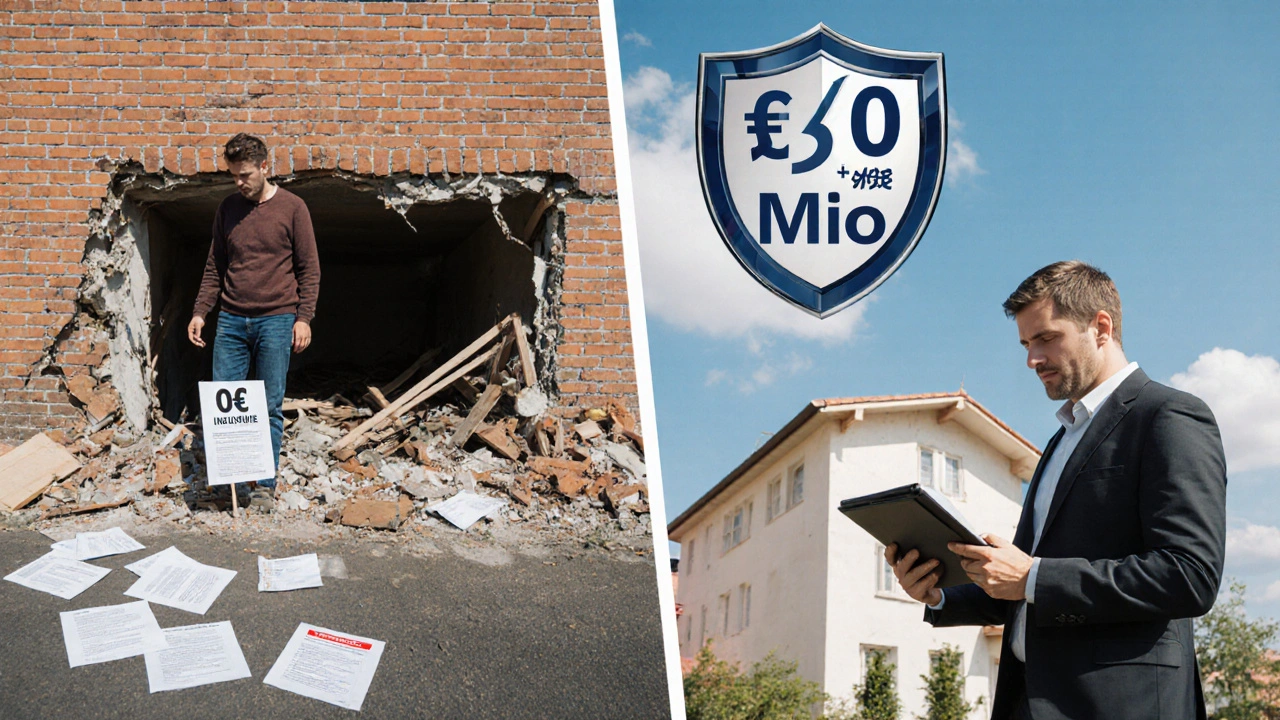 Vergleich: verzweifelter Bauherr ohne Versicherung vs. beruhigter Bauherr mit Schutzschild