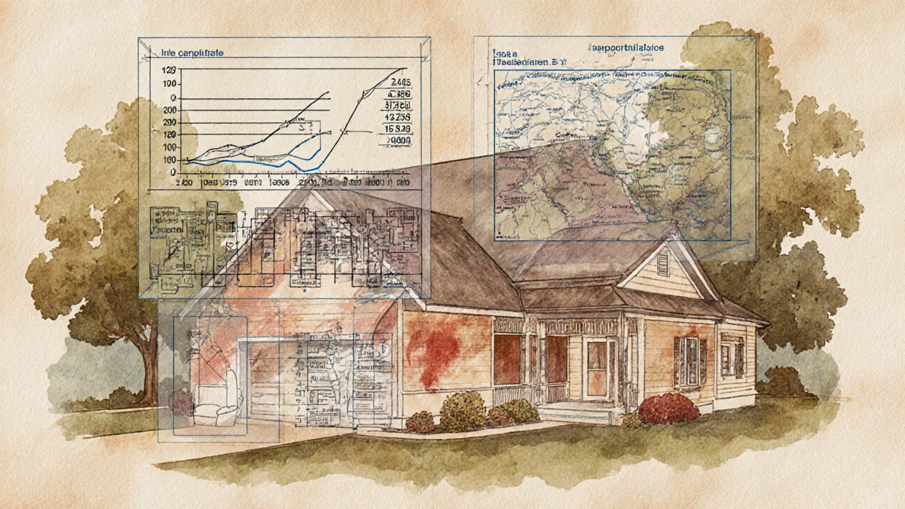 Vintage Bauplan mit finanziellen Berechnungen und einem Haus im Hintergrund.