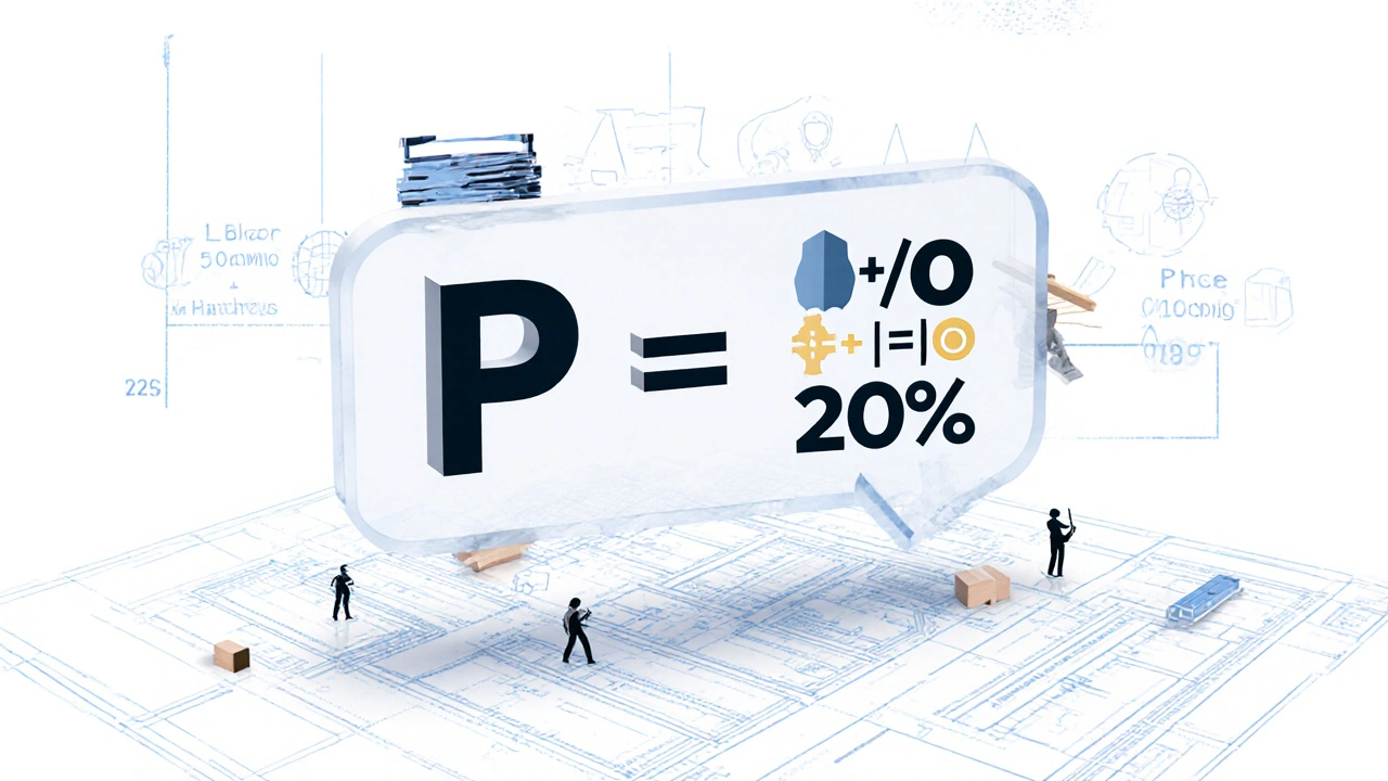 Visuelle Formel zur Baupreisanpassung mit Material- und Lohnanteilen auf Bauplan.