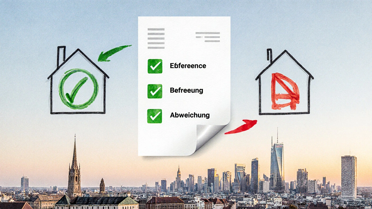 Wasserfarbillustration mit drei rechtlichen Begriffen als Symbole über einer Stadtansicht, symbolisierend Ausnahme, Befreiung und Abweichung.