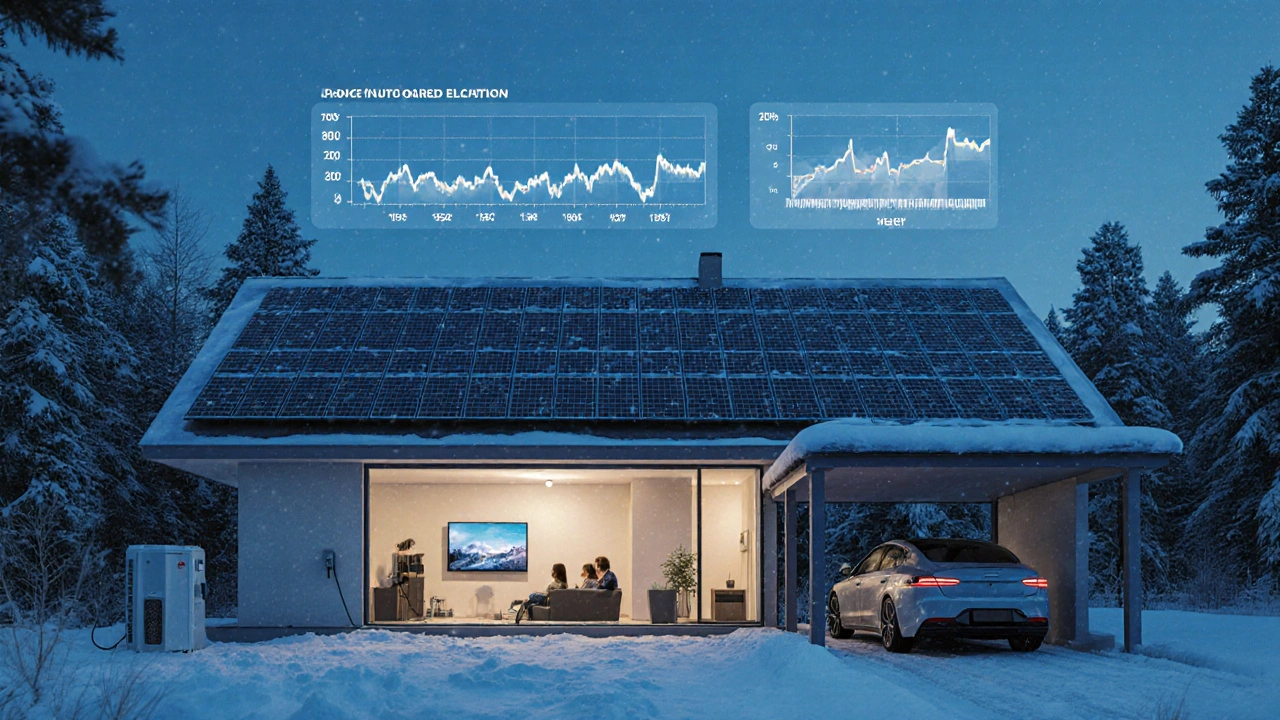 Zukunfts-Haus mit vollflächiger Photovoltaik-Dachdeckung, schneebedeckt, ohne Gasleitungen, mit Elektroauto.