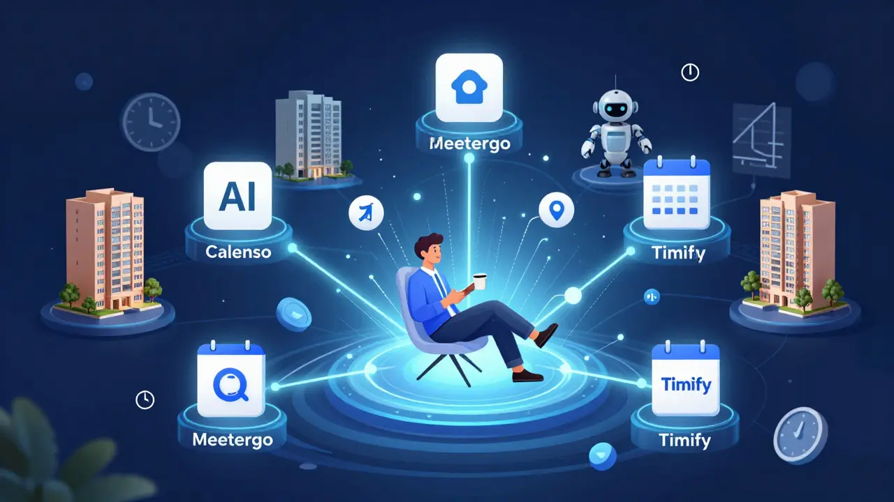 Abstrakte Darstellung digitaler Terminbuchungstools mit KI, virtuellen Touren und Kalendersynchronisation, umgeben von Immobilienbildern.