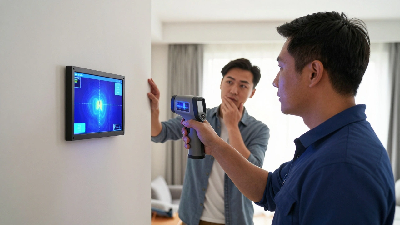 Bausachverständiger mit Infrarotkamera, die Wärmebrücken an einer Wand sichtbar macht.