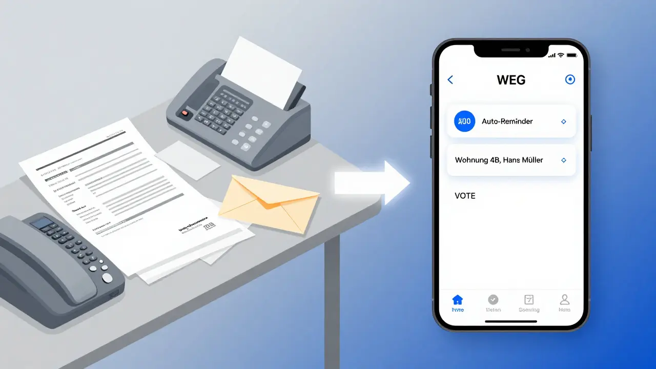 Contrast between outdated paper voting and modern digital WEG voting interface.