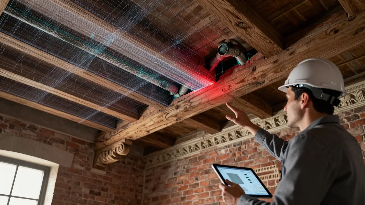 Digitales Punktwolken-Modell einer Decke mit versteckten Leitungen, rot hervorgehobene Anomalie.