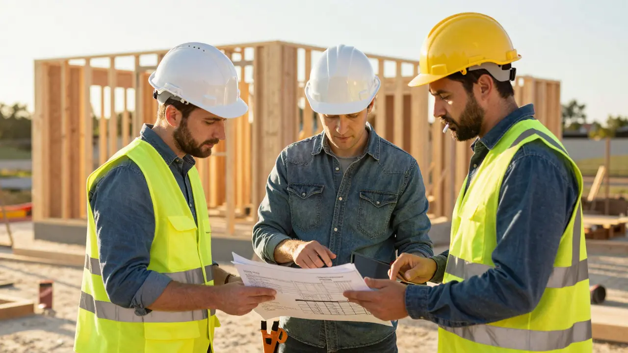 Drei Personen prüfen gemeinsam Bauunterlagen mit einem Tablet auf einer Baustelle.