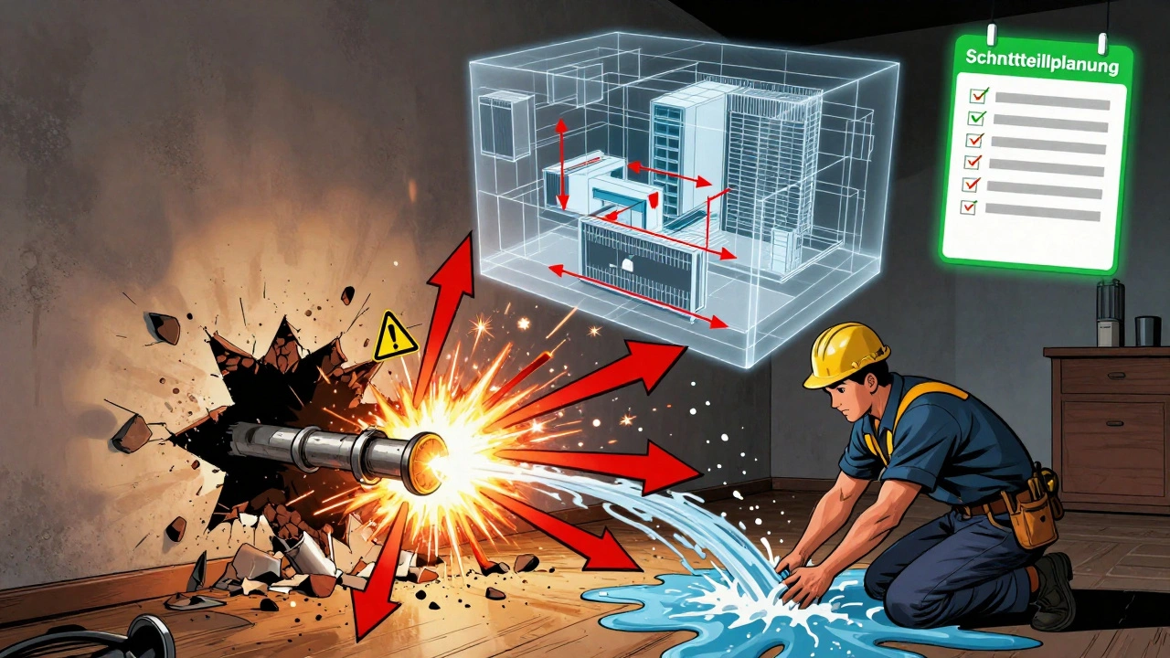 Ein Heizungsrohr kollidiert mit einem Elektrokabel, das Funken sprüht, während ein BIM-Modell die korrekte Verlegung zeigt.