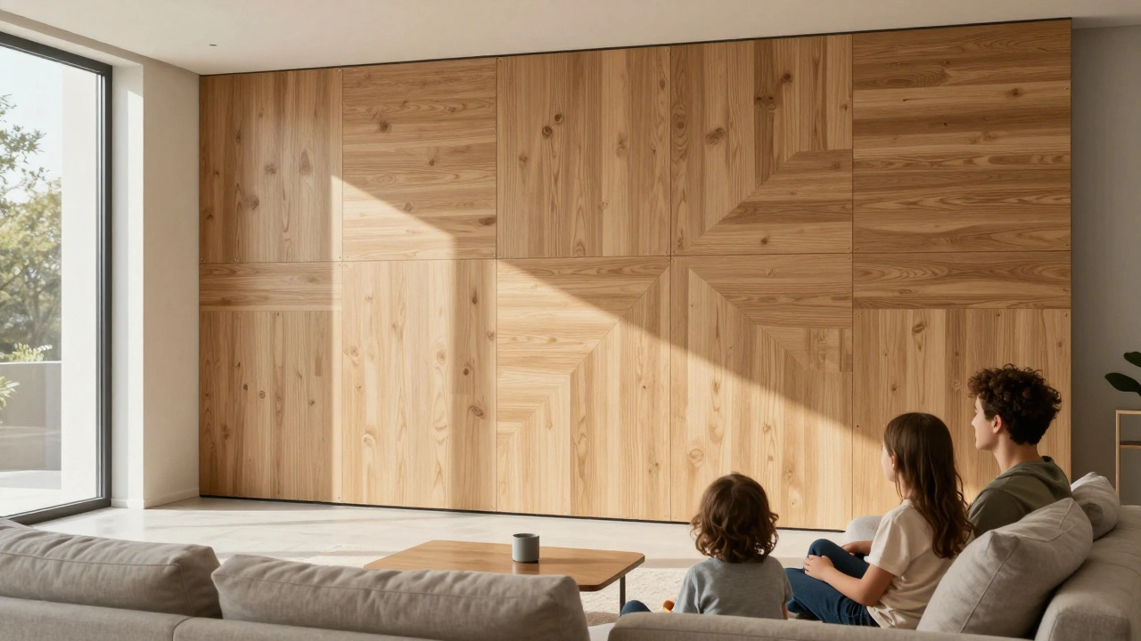 Elegante Holzakustikpaneele in modernem Wohnzimmer, ästhetisch integriert und präzise montiert für optimale Klangqualität.