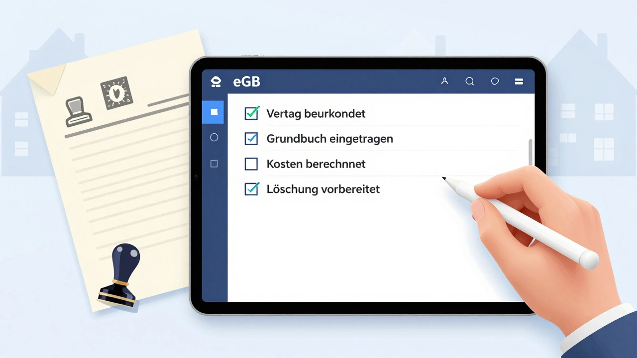 Elektronisches Grundbuch auf Tablet mit Eintragungsprozess und traditionellem Notarstempel.