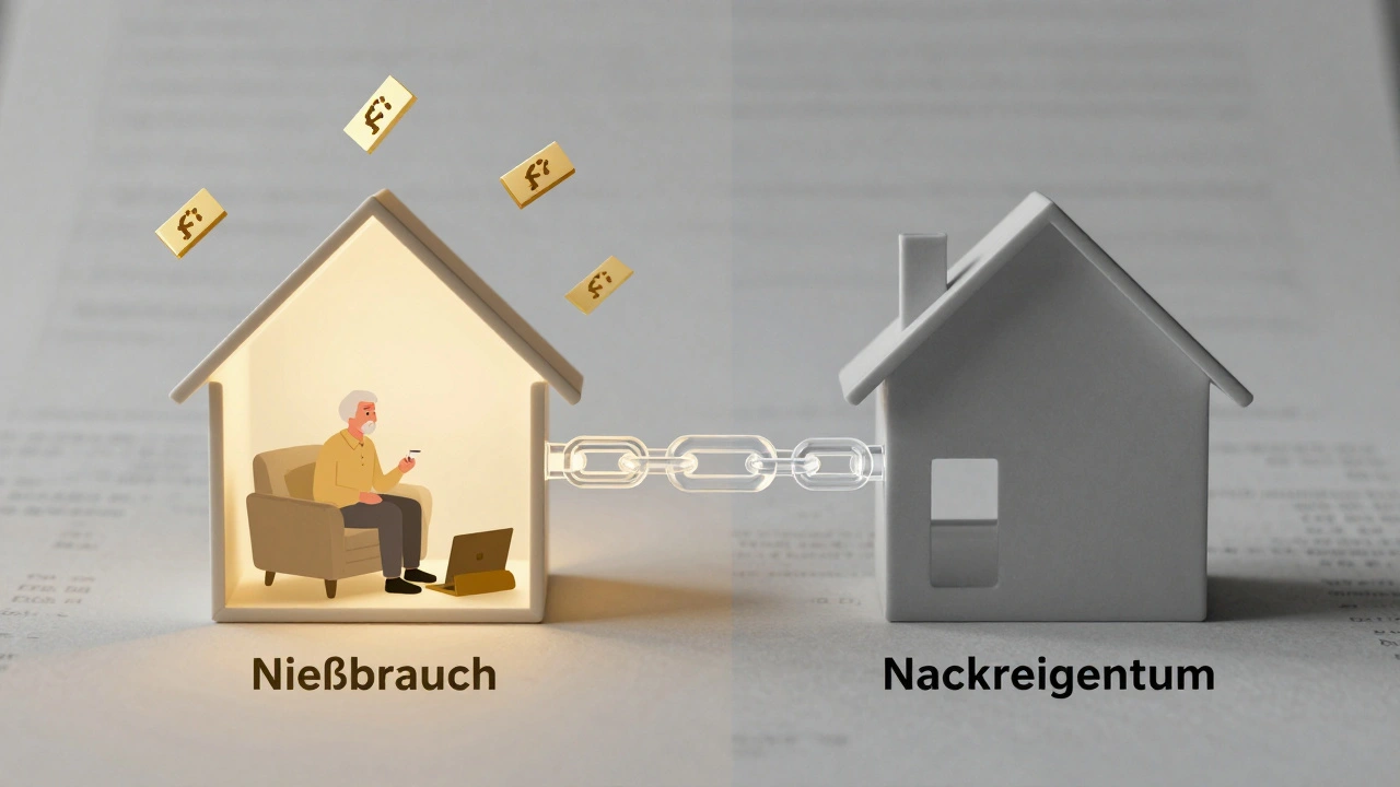 Haus mit zwei Teilen: einer bewohnten Seite mit Mieteinnahmen und einer leeren mit Eigentumsurkunde.