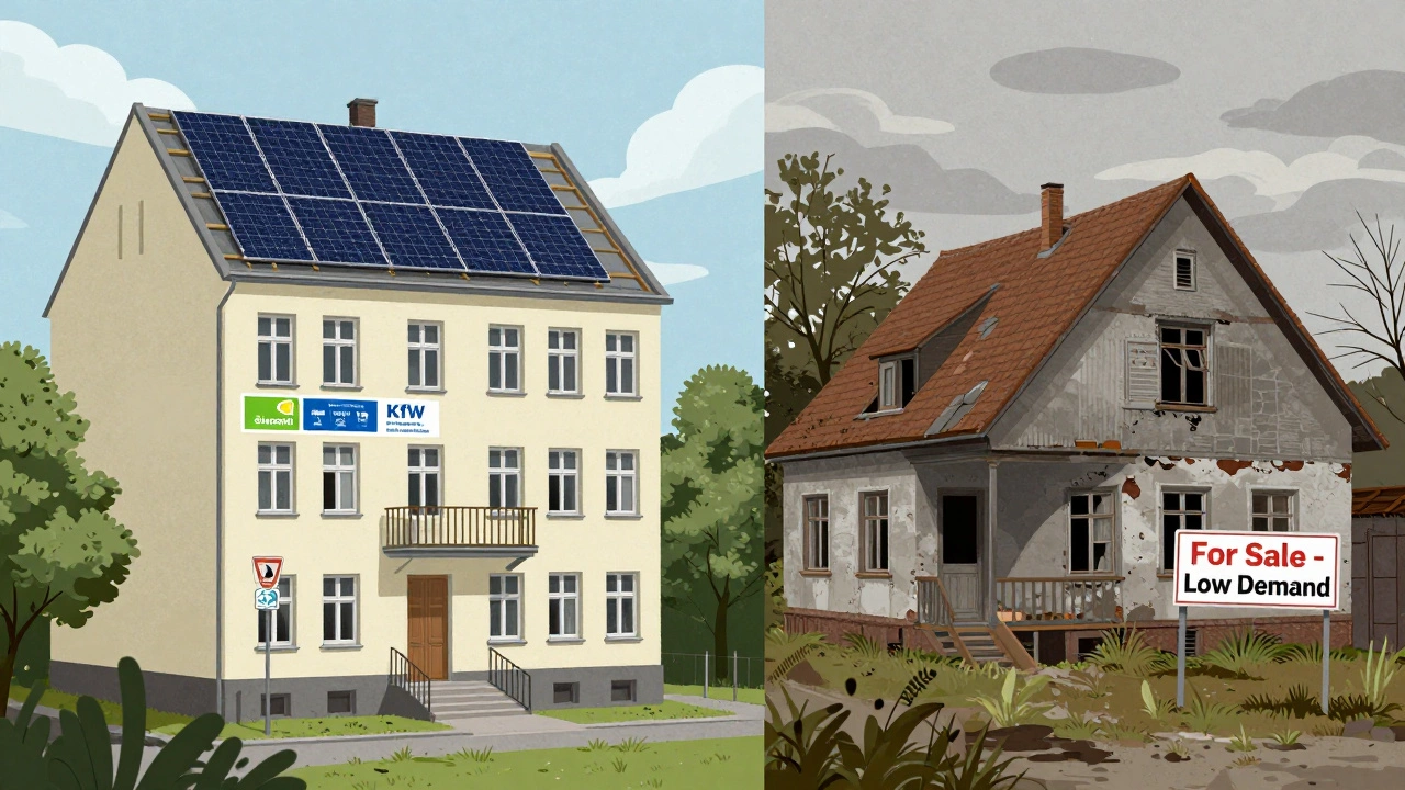 Kontrast zwischen sanierter, moderner Immobilie und verfallenem Altbau in Deutschland, symbolisierend Prime und Non-Prime Märkte.