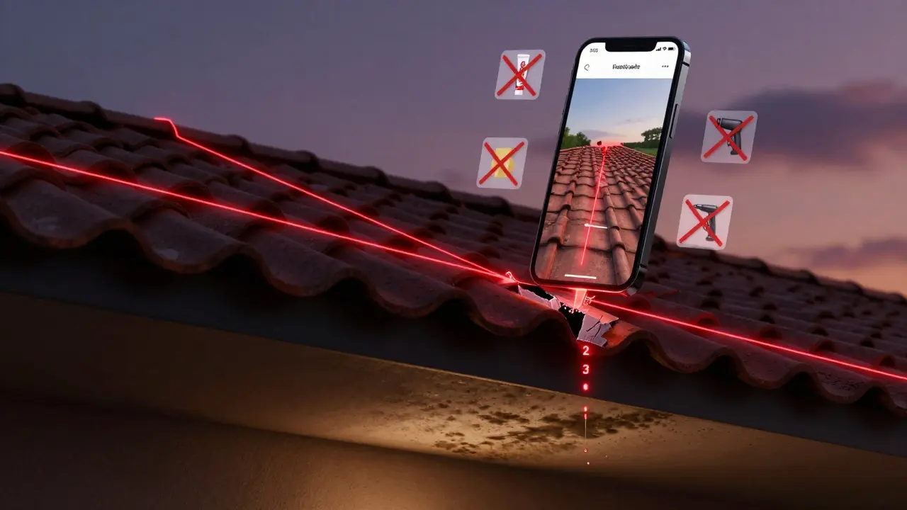 Künstlerische Darstellung des verborgenen Wasserwegs vom Dach zum Deckenfleck mit digitaler Schadensanalyse.