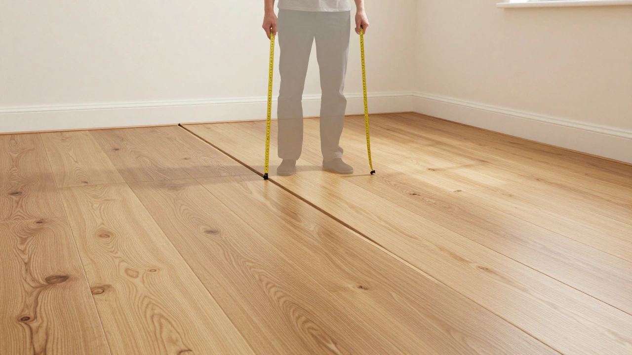 Künstlerische Darstellung eines sich ausdehnenden Vinylbodens mit Dehnungsfuge und zufriedenem Hausbesitzer.