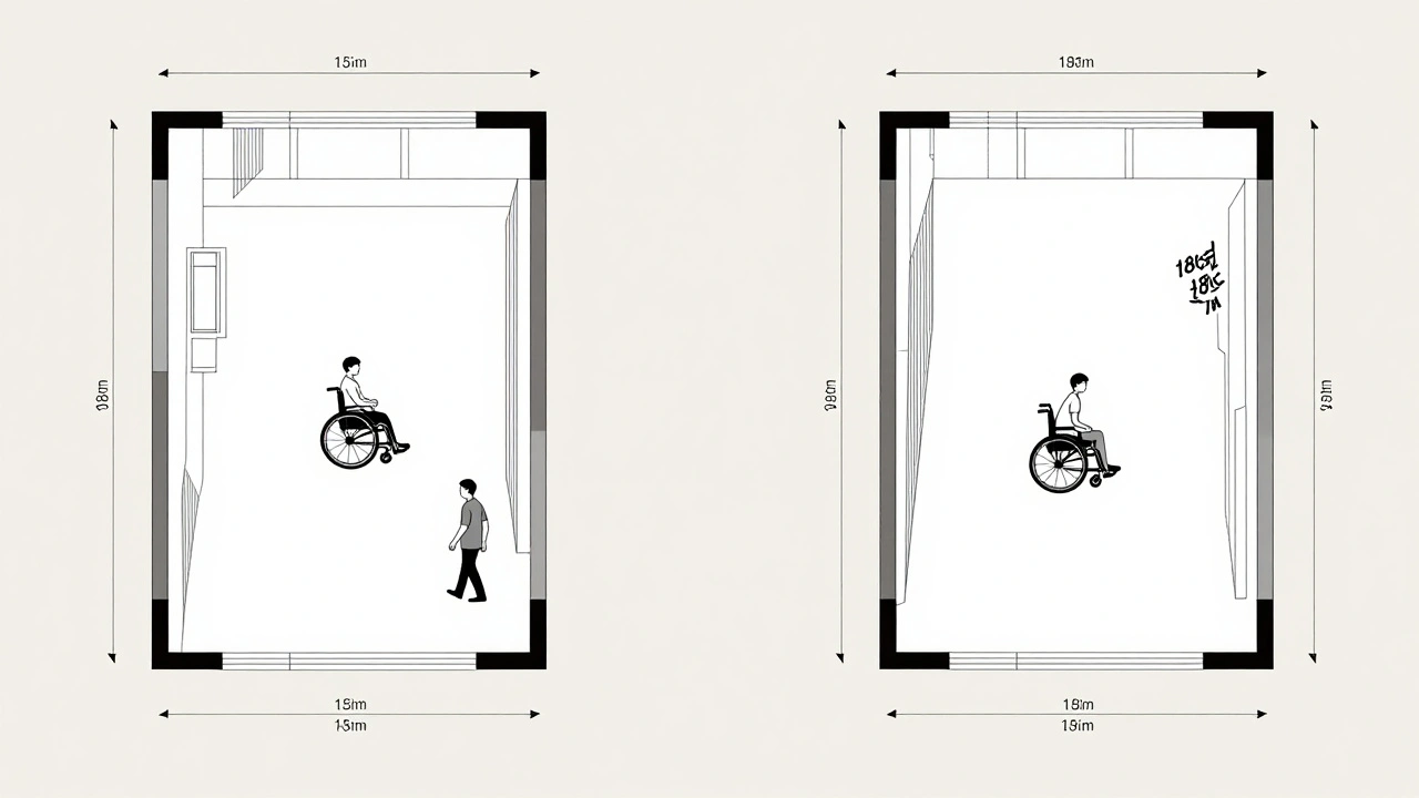 Langer Flur mit zwei Begegnungsflächen, wo Rollstühle sich sicher begegnen können.