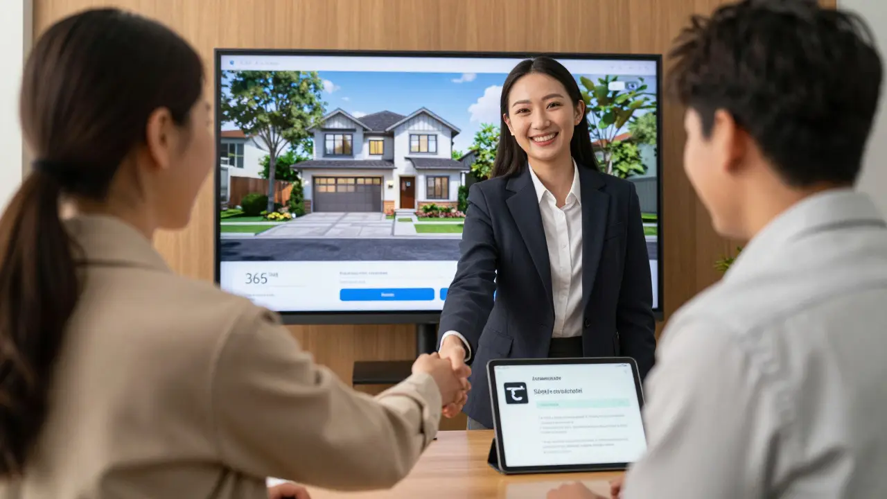 Makler und Kunde bei einer Besichtigung, vor einem Bildschirm mit virtueller 360-Grad-Tour, Tablet mit Erinnerungen.