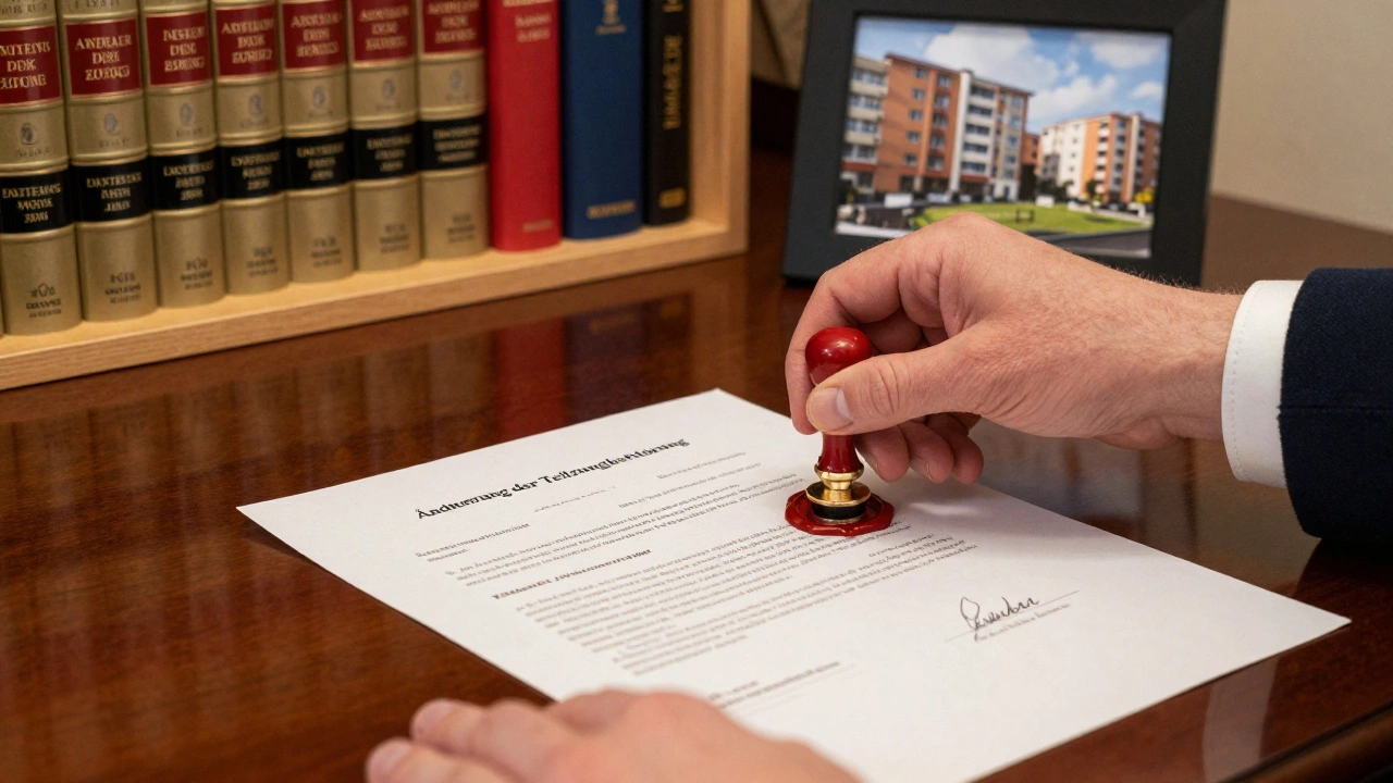Notar versiegelt einen Änderungsvertrag zur Wohnungseigentumsaufteilung.