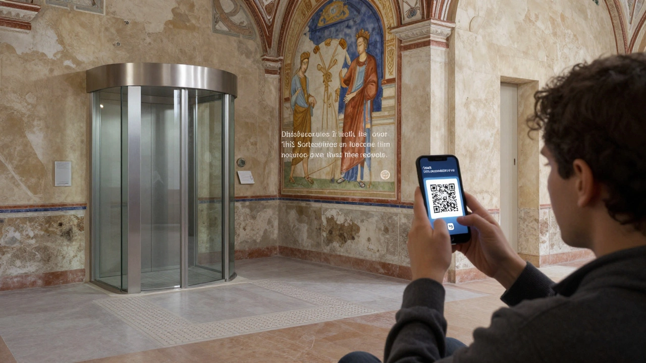 Person using smartphone to scan QR code near a fresco, with AR elements visible in their view.