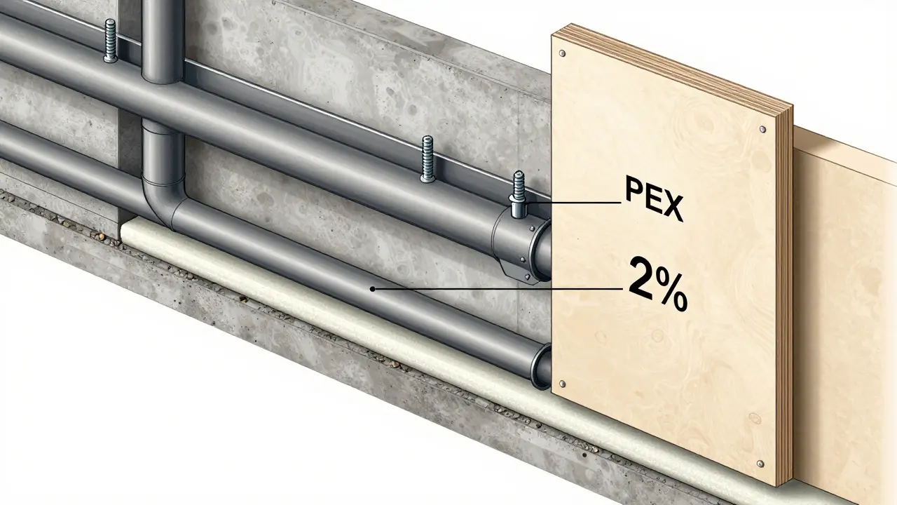Querschnitt einer Sanitärvorwand mit Profilen, Rohren und Doppelschicht-Verkleidung