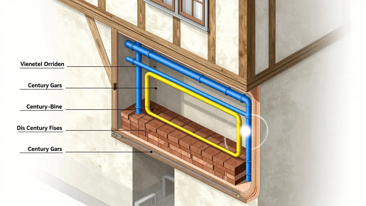 Querschnitt eines Altbau-Walls mit überlagerten Wasser-, Gas- und Abwasserleitungen in 3D-Darstellung.