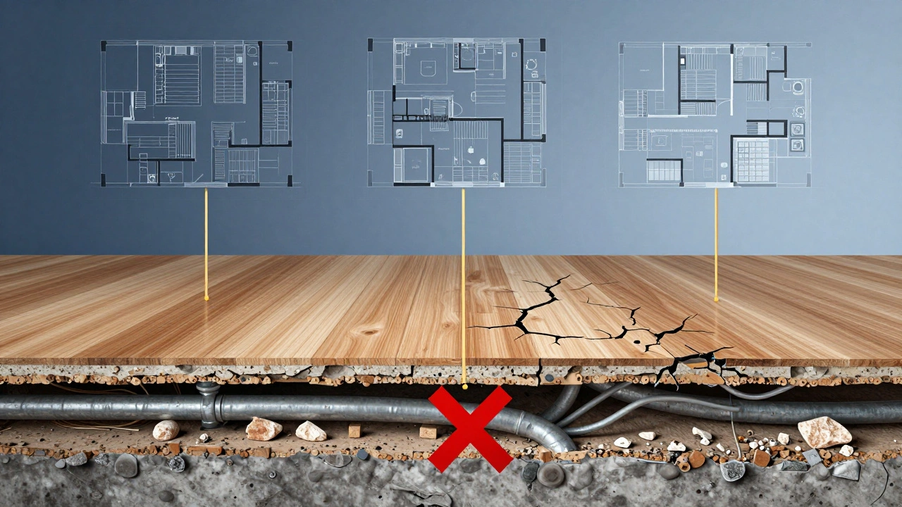 Querschnitt eines Bodens mit versteckten Leitungen, die in einer digitalen Planung perfekt abgestimmt sind, im Vergleich zur chaotischen Realität.