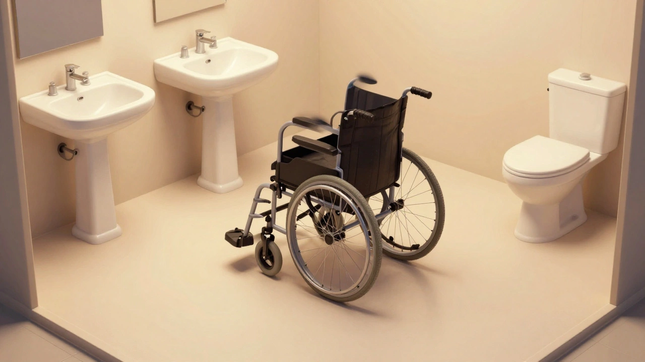 Rollstuhl dreht sich in einem 150 cm x 150 cm großen Wendebereich im Bad.