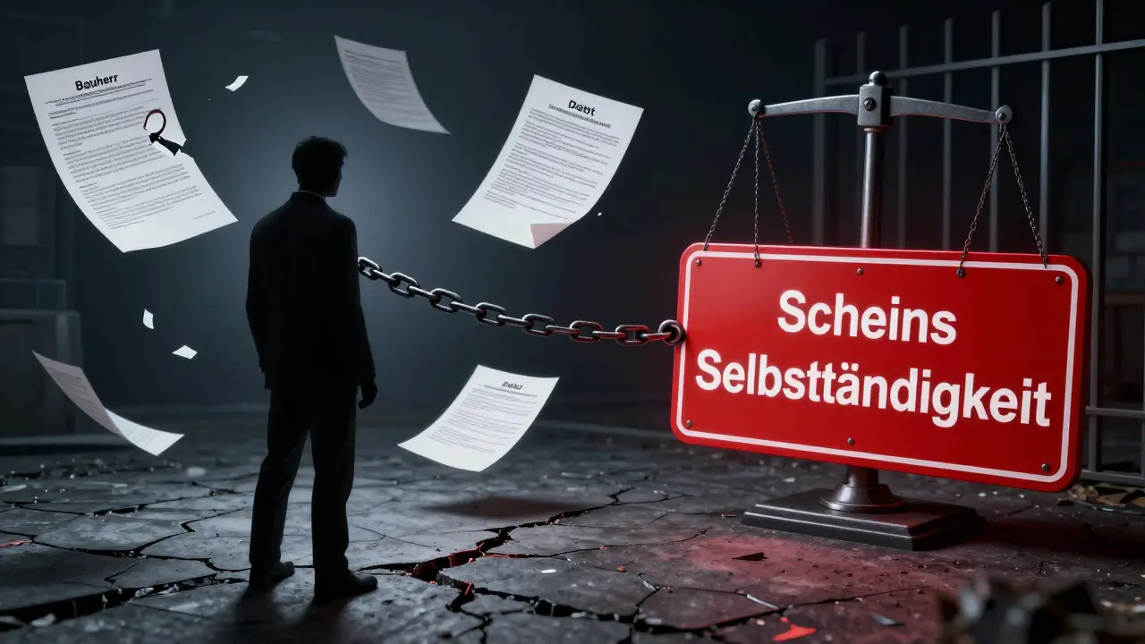 Schattenbild eines Bauherrn, umgeben von juristischen Folgen und verschwundenem Versicherungsschutz.