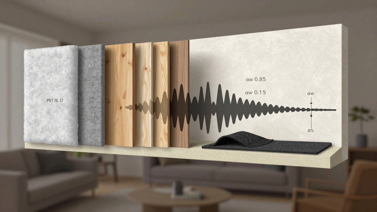 Schematische Darstellung von Schallwellen, die an glatten Wänden reflektiert werden versus von Akustikpaneelen absorbiert.