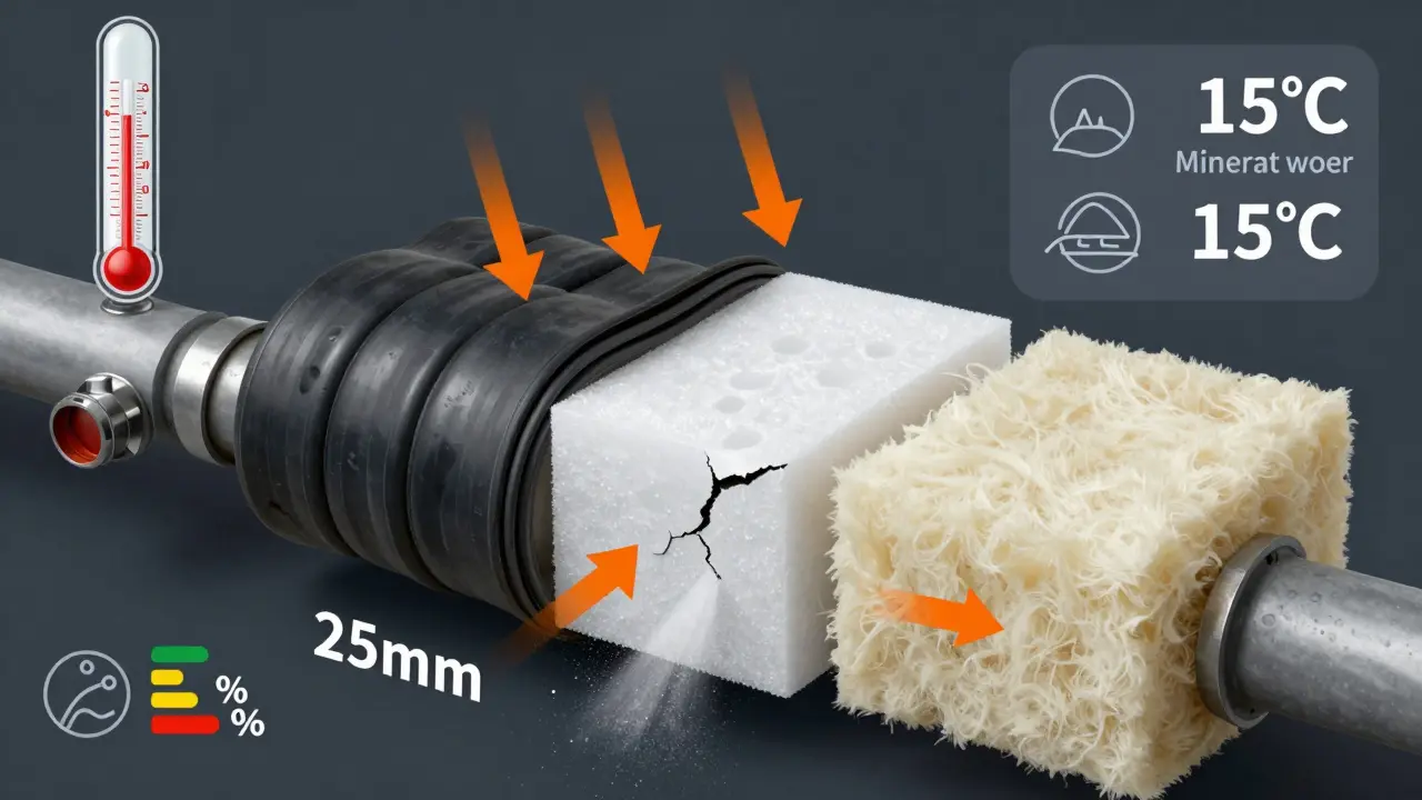 Schnittansicht dreier Dämmmaterialien an einer Heizungsleitung mit Wärmeverlust- und Einsparungsvisualisierung.