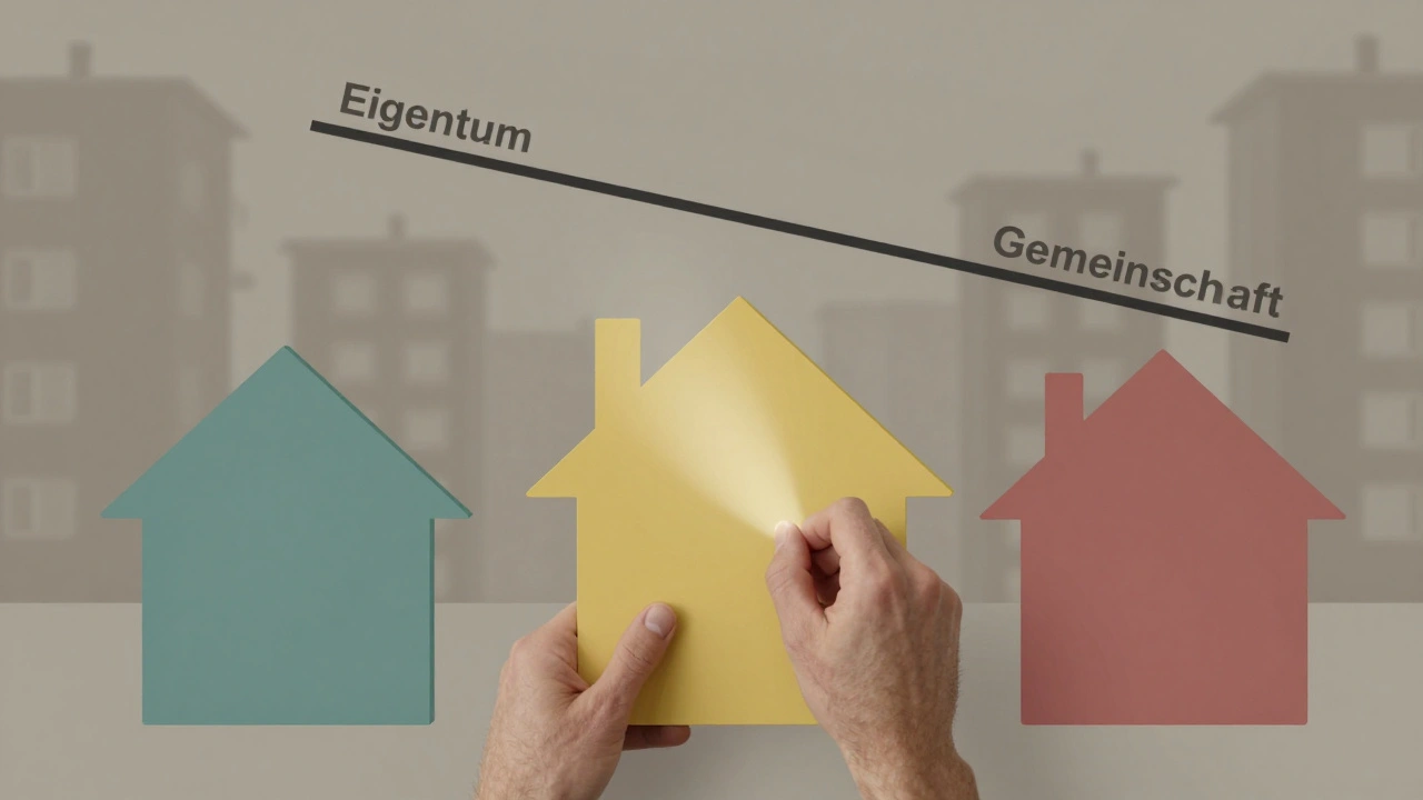 Symbolische Darstellung der verhandelten Eigentumsanteile in einer Wohnanlage.