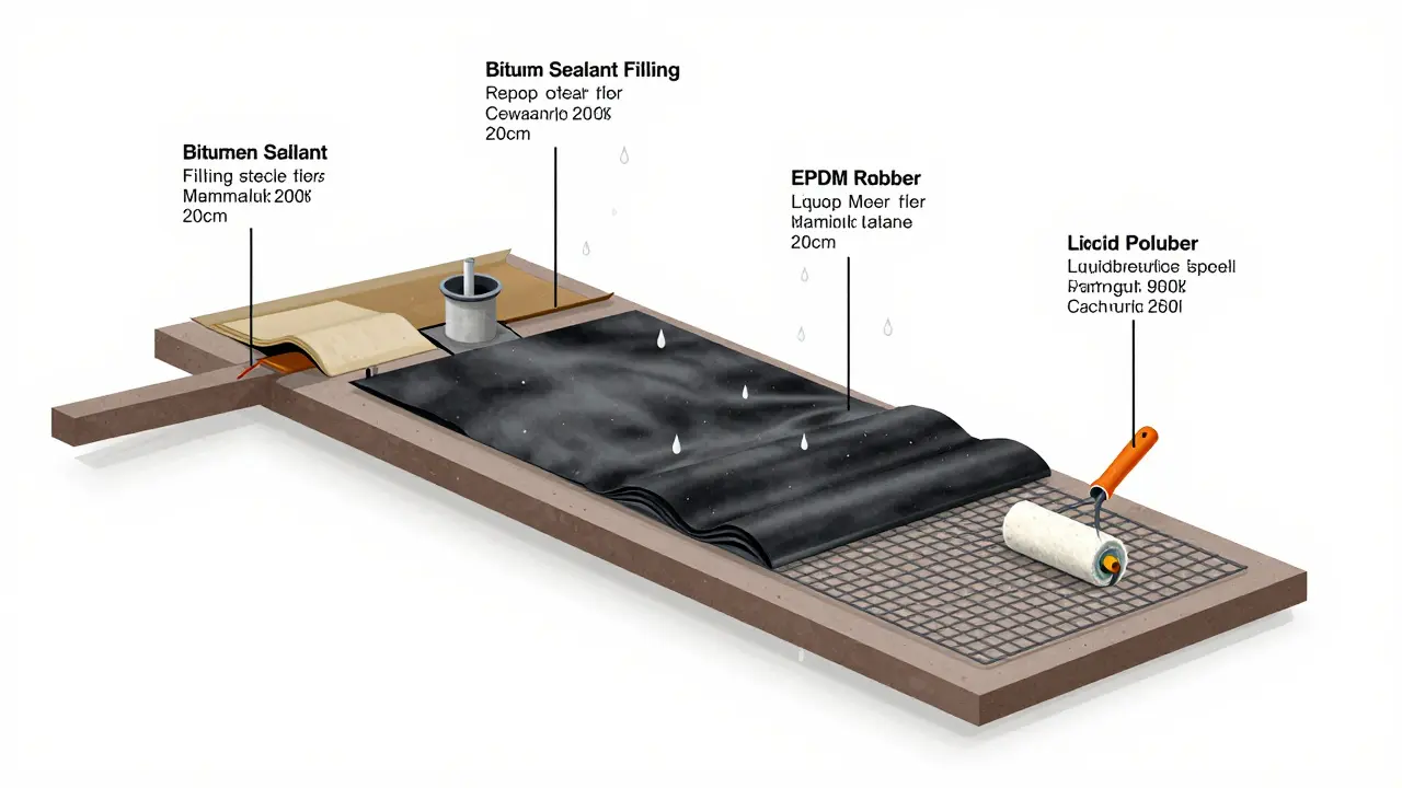 Technische Abbildung vier Dachreparaturmethoden: Bitumen, Klebefolie, EPDM und Flüssigkunststoff.