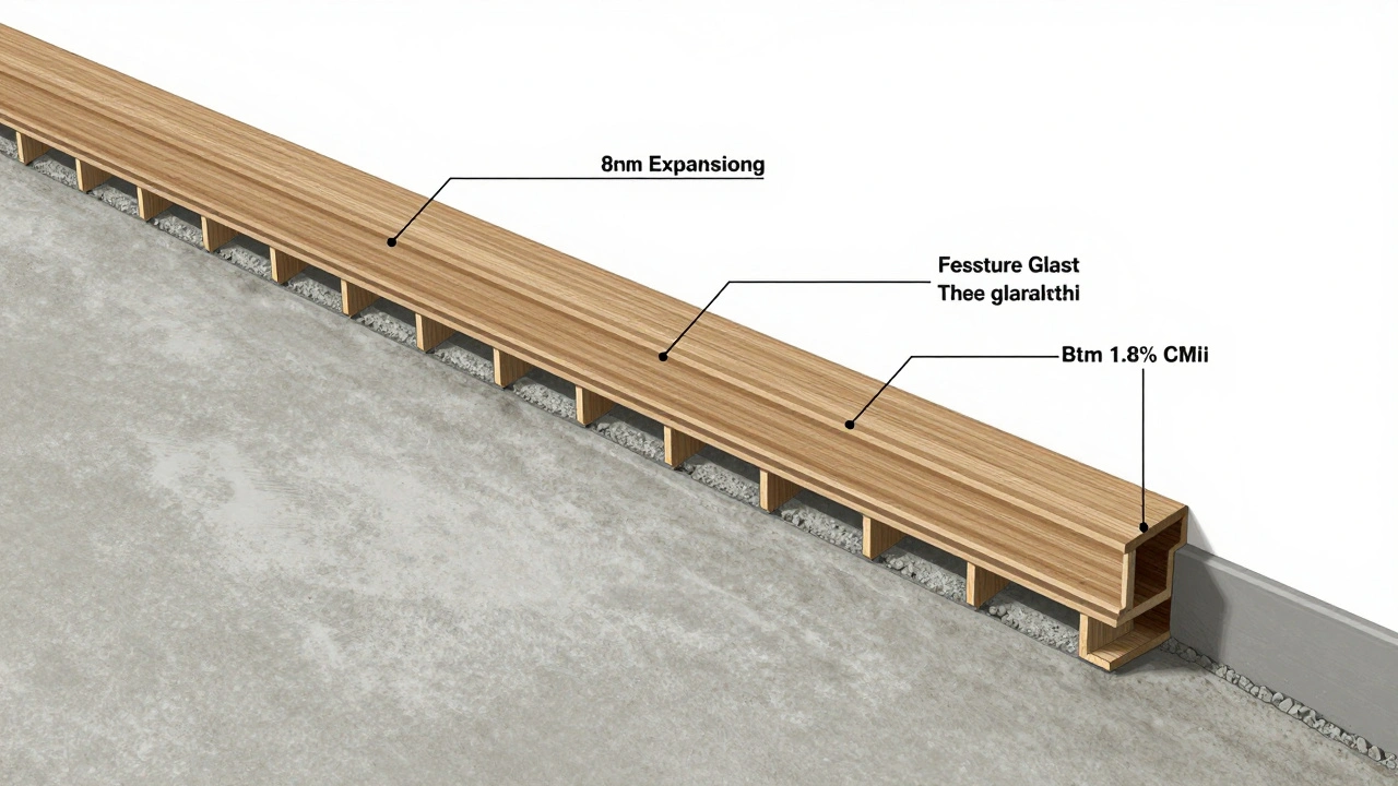 Technische Darstellung eines Vinylbodens mit Dehnungsfuge, Unterlage und Klickverbindung.