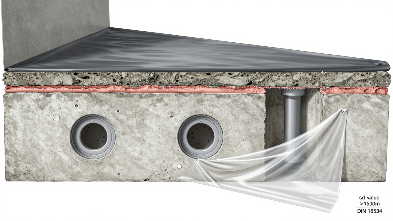 Technische Querschnittsdarstellung einer korrekten Badabdichtung mit Dichtungsringen an Rohrleitungen und hohem sd-Wert.