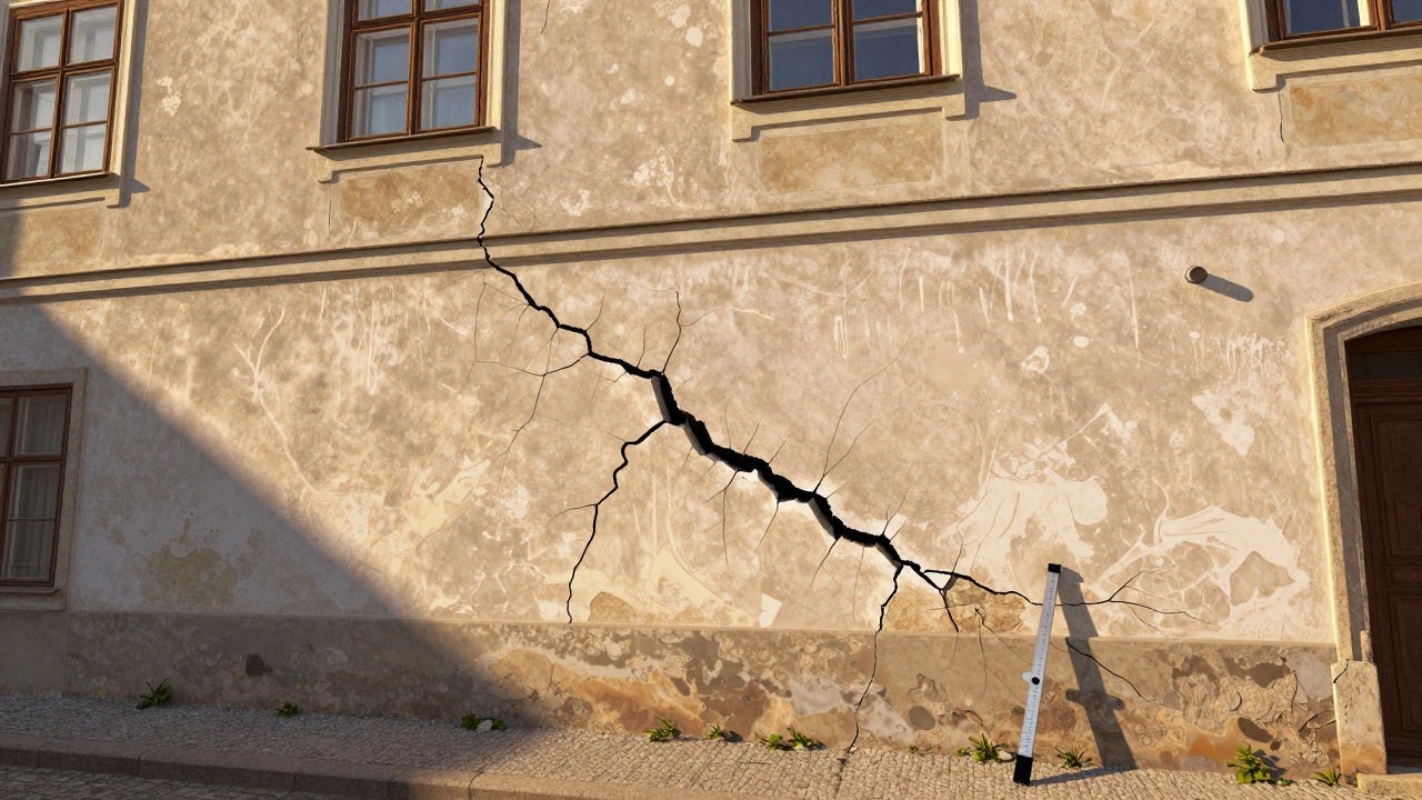 Tiefe Risse in einer Außenwand mit Ausblühungen und abplatzendem Putz bei goldenem Abendlicht.
