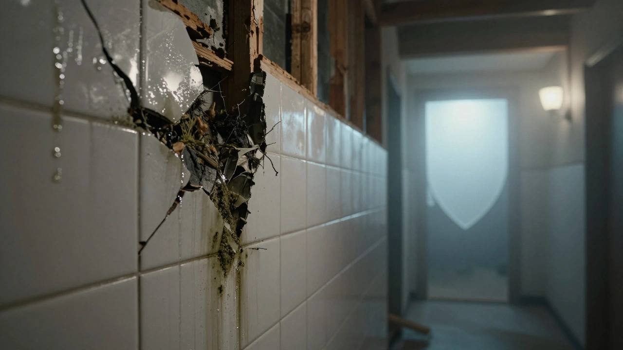 Versteckter Schimmelbefall hinter abgefallenen Fliesen, verursacht durch fehlerhafte Abdichtung.