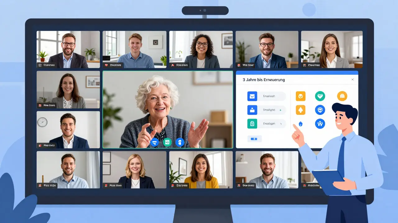Virtual WEG meeting with residents on video call, using a secure certified platform.